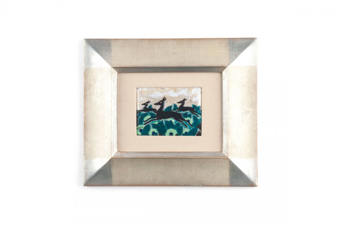 Deer in flight, c1928: Gaston Bigard. Deer in flight, c1928. 8 x 10.2 cm. Sheet copper, applied metal foil, polychromatic enamel. Signed: BIGARD. Frame.