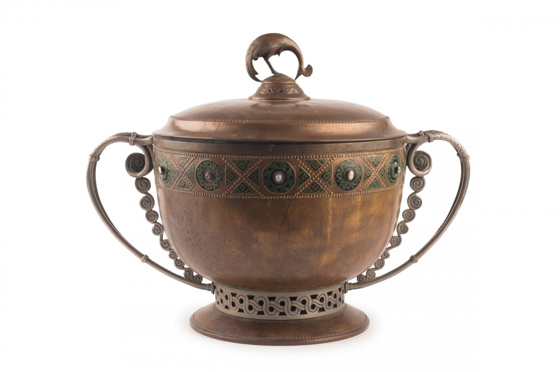 Punch bowl, c1907: Ludwig Vierthaler. Punch bowl, c1907. H. 43 cm, D. 56 cm. Made by Ehrenboeck & Vierthaler, Munich. Copper with patina, silvered brass, enamel, green and black. Different kinds of cabochons.