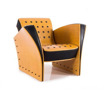 'Crust chair', 1988: Ron Arad. 'Crust chair', 1988. H. 74 x 94 x 90 cm. Made by Sawaya & Moroni, Rome. Plywood, ash veneer, black polyurethane.