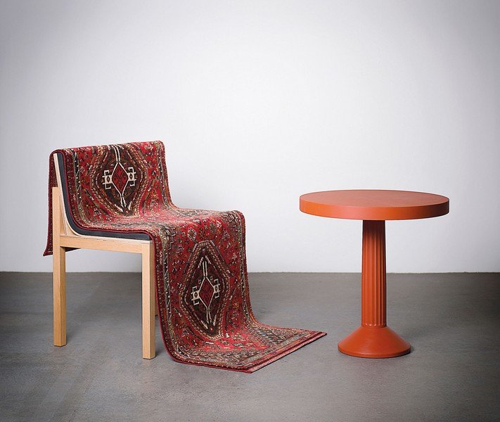 Prototype 'Sigmund's chair and 'Red Round table' for: Sebastian Wrong. Prototype Sigmund's chair and prototype 'Red Round Table' for Schellmann's 'Study' series, 2013. Chair: H. 79,5 x 83 x 71 cm; Table: H. 61.3 cm; D. 59 cm. Made by Sebastian Wrong for
