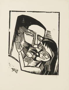 'Love Kiss', 1918: Karl Schmidt-Rottluff. 'Love Kiss', 1918. Woodcut (pine, handmade) on chamoix vellum. 50.0 x 38.5 cm (depiction), 70.5 x 53.0 cm (sheet). Signed: S Rottluff (pencil). Plate dated: 1918, work no. 184 (