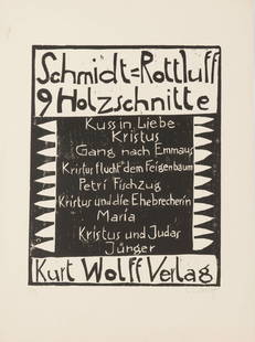 'Title page for the portfolio of woodcuts at Kurt Wolff: Karl Schmidt-Rottluff. 'Title page for the portfolio of woodcuts at Kurt Wolff publishers', 1918. Woodcut (pine) on chamoix vellum. 50.0 x 40.0 cm (depiction), 71.0 x 53.0 cm (sheet). Signed: S Rottlu