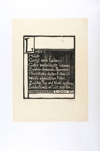 'Page of a book. Poem by E. v. Sydow', 1919: Karl Schmidt-Rottluff. 'Page of a book. Poem by E. v. Sydow', 1919. Woodcut (pine) on chamoix vellum. 36.0 x 29.8 cm (depiction), 58.0 x 42.5 cm (sheet). Signed: S Rottluff, work no. 192 (pencil). Pri