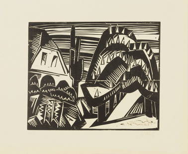 'Landscape with chestnut-lined avenue', 1919: Karl Schmidt-Rottluff. Landscape with chestnut-lined-avenue', 1919. Woodcut (pine) on chamoix vellum. 39.0 x 49.0 cm (depiction), 55.7 x 70.0 cm (sheet). Signed: S Rottluff, work no. 1915 (pencil). Pr