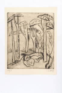 'Tall Trees', 1920: Karl Schmidt-Rottluff. 'Tall Trees', 1920. Drypoint, grey, on vellum. 39.5 x 33.0 cm (depiction), 46.5 x 36.0 cm (sheet). Signed: S Rottluff, work no. 2029 St. Printed at Fritz Voigt, Berlin.