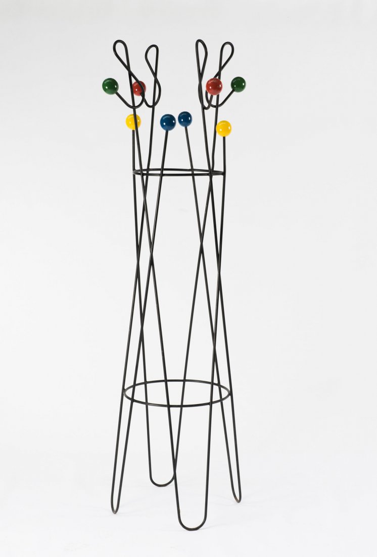 Coat stand, c1958: Roger Feraud. Coat stand, c1958. H. 177.5 cm, D. 63 cm. Made by Geo, France (attributed). Tubular metal, painted black, wooden balls, painted blue, red, yellow and green.