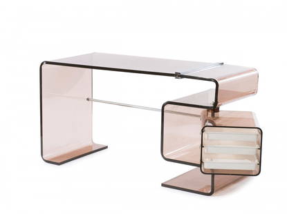 Desk, c1971: Michel Dumas (attributed). Writing desk, c1971. H. 75.5 x 138-156x 60 cm. Plexiglas, purple-grey, chrome-plated tubular steel and steel, white plastic.