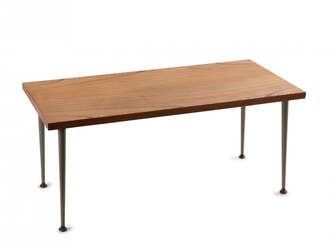 Coffee table, 1957: Tapio Wirkkala. Coffee table, 1957. H. 40 x 90 x 44 cm. Made by Asko Oy, Helsinki. Tubular metal, painted grey, brass feet, blockboard with plywood veneer.