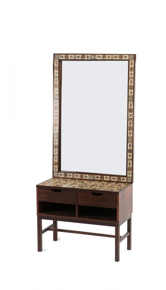 Hall mirror with dresser, c1960: Severin Hansen. Hall mirror with dresser, c1960. Dresser: H. 58.5 x 74.5 x 37 cm; mirror: H. 110 x 75 x 3.5 cm. Made by Haslev Mbelsnedkeri, Haslev. Rosewood, rosewood veneer, porcelain tiles. Marked: