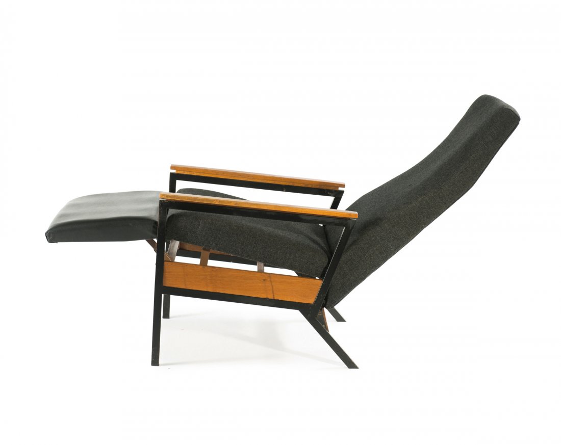 Armchair, 1960s: Herbert Hirche (attributed). Armchair, 1960s. H. 100 x 65 x 85 cm; extended: H. 83 x 65 x 150 cm. Made by Hans Kaufeld, Brake (attributed). Tubular metal, painted black, black leatherette, grey fabric