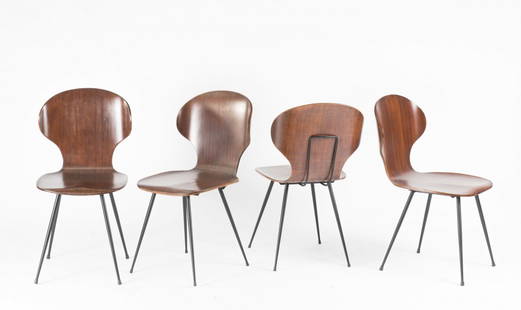 Four chairs, c1958: Carlo Ratti. Four chairs, c1958. H. 80 x 44 x 50.5 cm. Made by Industria Legni Curvati, Lissone. Bent plywood, teak veneer, black metal frame. Marked: Maker's mark.