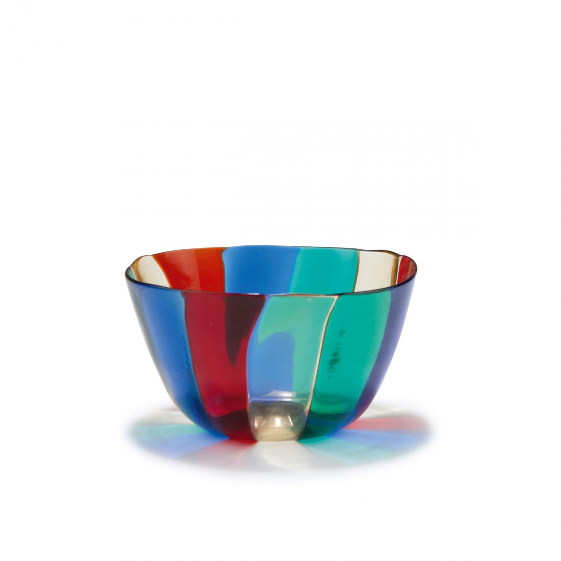 Small 'A fasce' bowl, 1953: Fulvio Bianconi. Small 'A fasce' bowl, 1953. H. 5 cm; D. 9 cm. Made by Venini & C. Fused ribbons of straw yellow, red, blue and green glass.