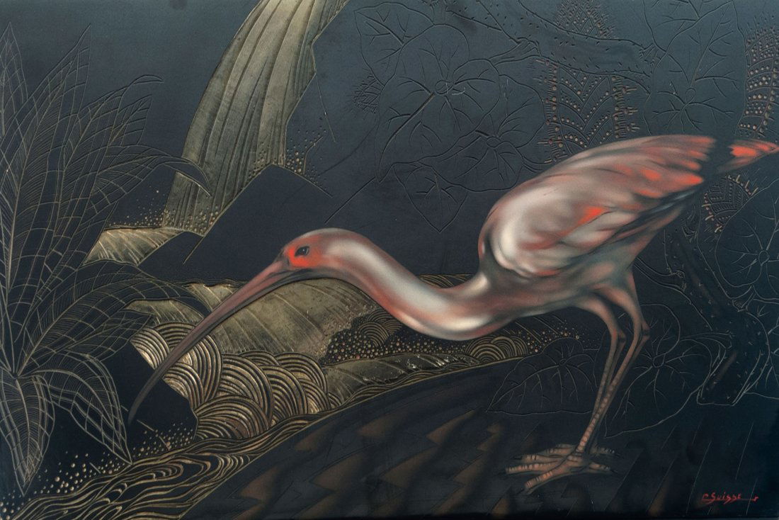 Lacquer panel, c1928: Gaston Suisse. Lacquer panel, c1928. 37.7 x 61.7 cm. Wood, several layers of lacquer, black, pink, orange, silver and gold. Textured pattern with exotic bird and stylized plants. Signed lower right: G