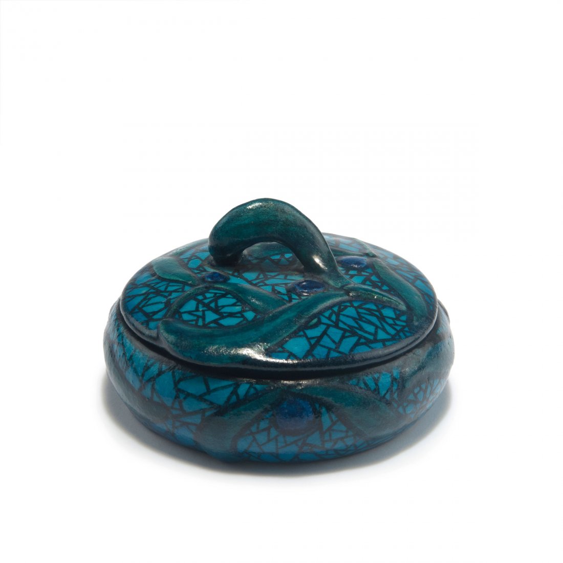 Lidded bowl, c1918: Edmond Lachenal, Chatillon-sous-Bagneux. Lidded bowl, c1918. H. 8 cm, D. 14.3 cm. Designed by Jean-Jacques Lachenal. Earthenware, glazed blue and green. Signed: LACHENAL, artist's signet.