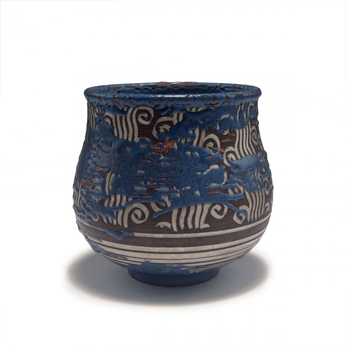 Vase, c1925: Emile Lenoble, Choisy-le-Roi. Vase, c1925. H. 14.3 cm. Stoneware, glazed matt grey/white, dark brown, orange and grey/blue. Signed: LE, 217.