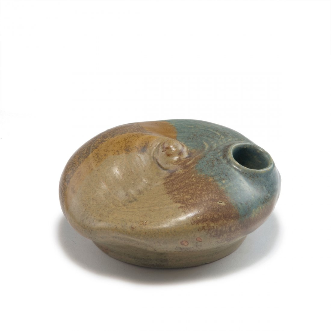 Pseudo vase, c1900: Eugene Lion, St.-Amand-en-Puisaye. Pseudo vase, c1900. H. 5.9 cm, D. 12.4 cm. Stoneware, glazed brown, dark green and beige, textured fish pattern. Signed: E. Lion.