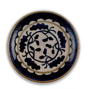 Decorative plate, 1909: Andre Metthey, Asnieres. Decorative plate, 1909. D. 22.2 cm. Earthenware, glazed dark blue on white, grey crazing, gold. Signed: AM.