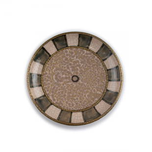 Decorative plate, 1909: Andre Metthey, Asnieres. Decorative plate, 1909. D. 22.2 cm. Earthenware, glazed grey and black on white, grey crazing, gold. Signed: AM.