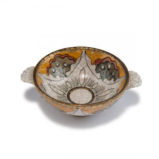 Bowl with handles, 1912-14: Andre Metthey, Asnieres. Bowl with handles, 1912-14. H. 5.6 cm. Earthenware, polychromatic glaze on white, grey crazing, gold. Signed: AM.