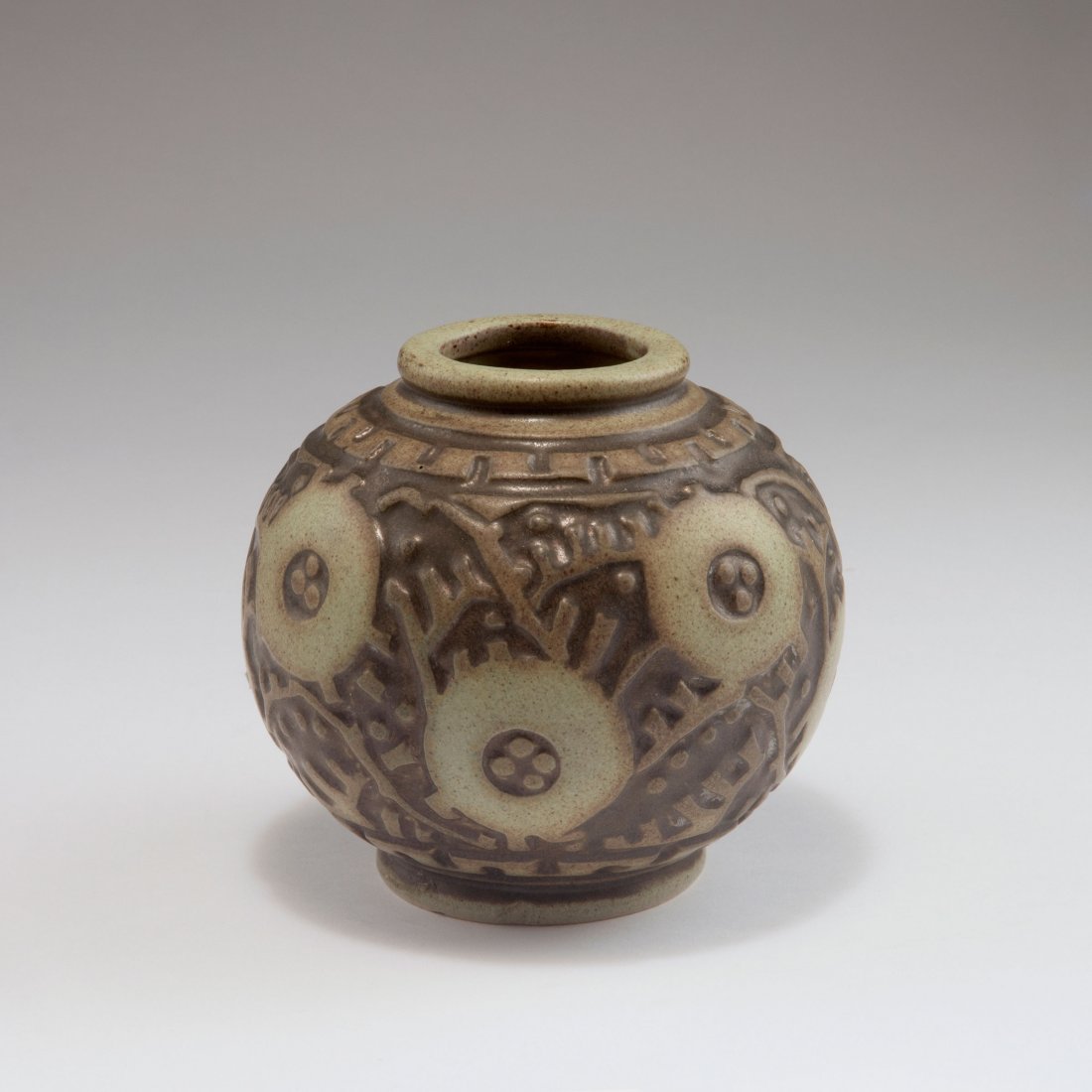 Vase, c1925: Geo Conde, Luneville. Vase, c1925. H. 13.4 cm. Made by Joseph & Pierre Mougin, Nancy. Stoneware, glazed matt brown on grey. Marked: GRES MOUGIN NANCY, 177, J. G. CONDE dc, 4568.