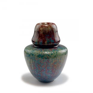 Vase, c1908: Fernand Rumebe, Auteuil. Vase, c1908. H. 24.7 cm. Porcelain, white, glazed, dark red and green high-firing glaze on grey. Signed: FR, 20206.