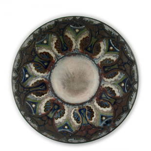 Large decorative charger, 1912: Fernand Rumebe, Auteuil. Large decorative charger, 1912. D. 39.3 cm. Stoneware, polychromatic glaze. Signed: F. Rumebe II5.