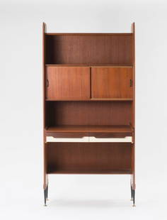 Cabinet, c1958: Dassi, Lissone. Cabinet, c1958. H. 176.5 x 88 x 46 cm. Wooden construction, blockboard, plywood, teak veneer, white formica, black tubular metal, brass.