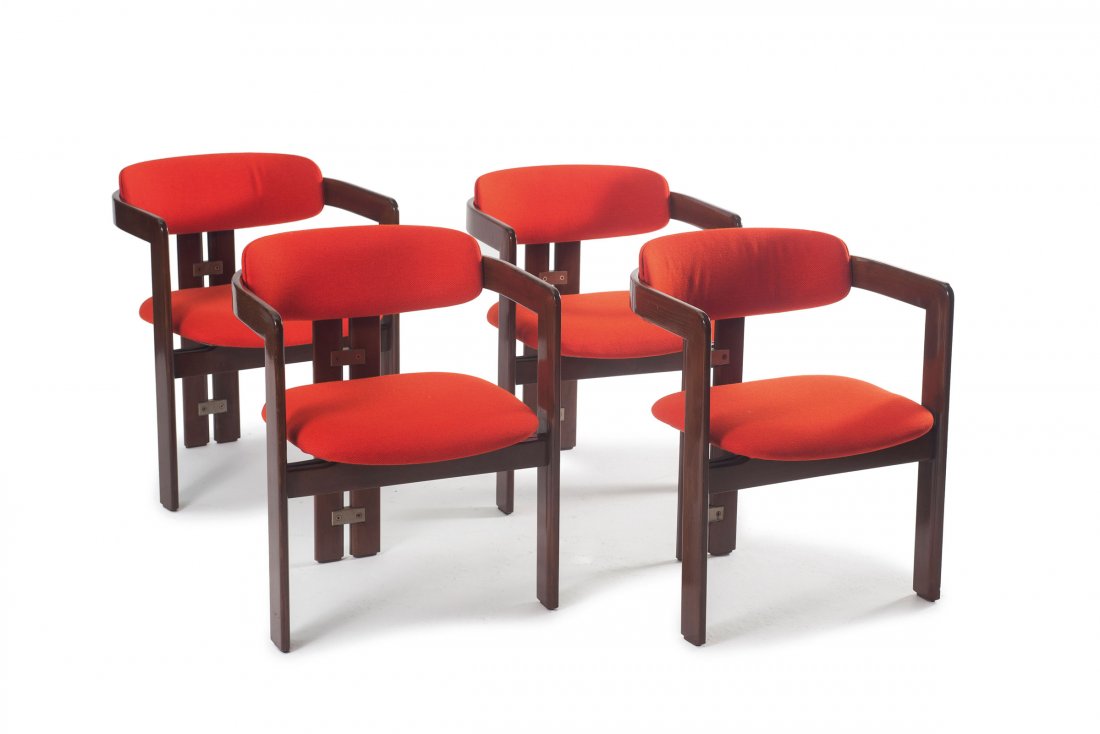 Four 'Pamplona' chairs, 1965: Augusto Savini. Four 'Pamplona' chairs, 1965. H. 71.5 x 57 x 53 cm. Made by Cesare & Eugenio Pozzi, Mariano Comense. Nutwood, aluminium, red fabric.