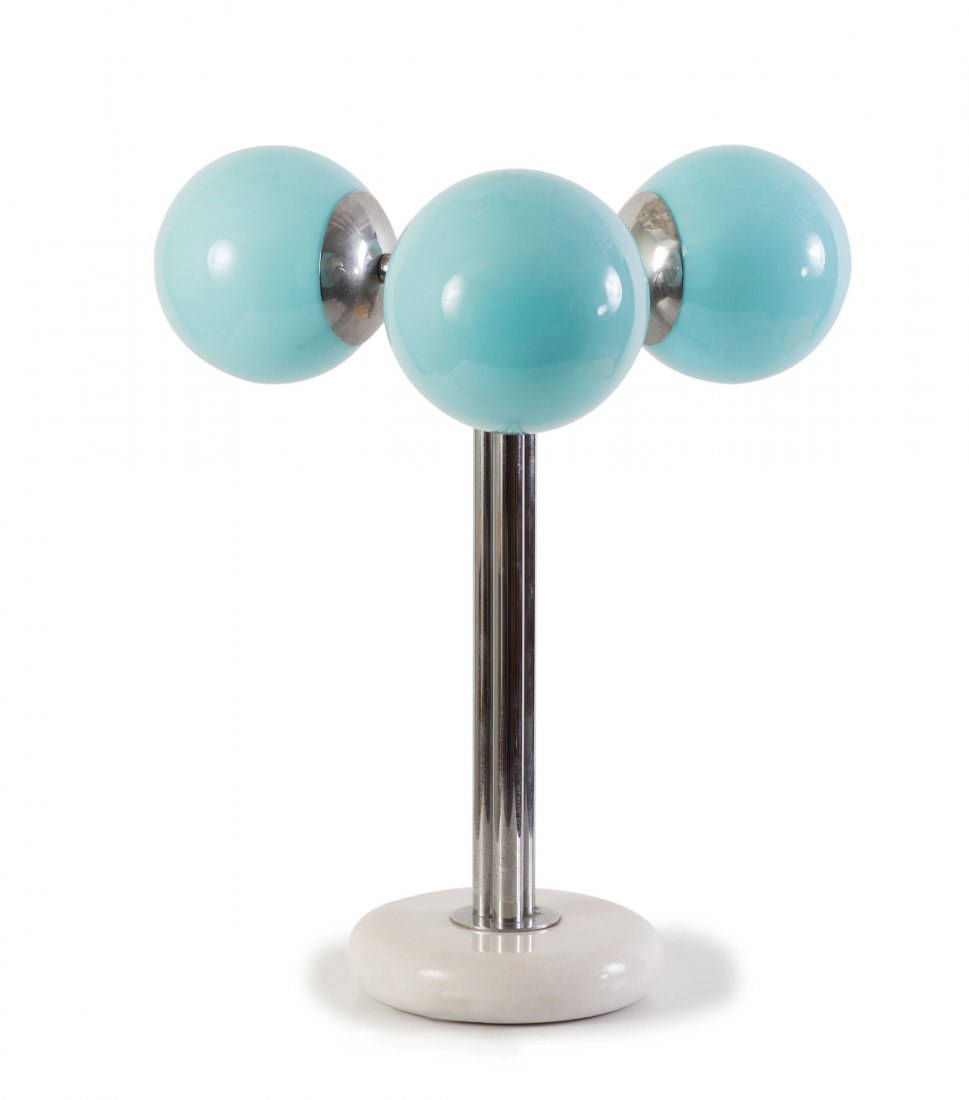 'Polaris' table light, 1969: Superstudio. 'Polaris' table light, 1969. H. 48 cm, D. 40 cm. Made by Poltronova, Pistoia, Design Centre, Milan. White marble, chrome-plated tubular metal, light blue glass.