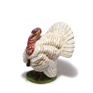 'Turkey' sculpture, 1930s: Urbano Zaccagnini (attributed). 'Turkey', 1930s. H. 27.2 cm. Made by Zaccagnini S.A., Florence. Majolica, polychromatic glaze. Marked: Signet, 1409/500.