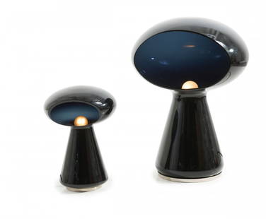 Two table lights, 1970s: Michael Red (aka Luciano Vistosi). Two table lights, 1970s. H. 26.5-42.5 cm. Made by Vetreria Vistosi, Murano. Dark blue glass. Marked: Maker's label, AU MURANO MADE IN ITALY.