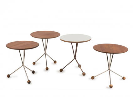 Four 'Tables in a Jar', c1955: Albert Larsson. Four 'Table in a jar', c1955. H. 40.5-44 cm, D. 38-39.5 cm. Made by Alberts, Tibro. Plywood, teak veneer, white Formica, tubular copper, tubular brass, beech balls.