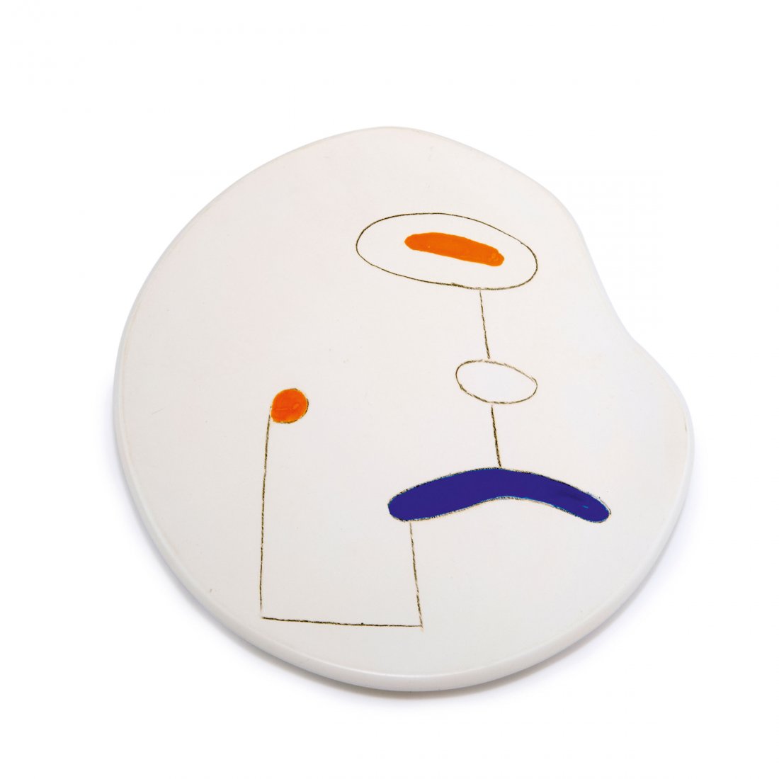 Decorative plate, 1960s: Peter Orlando. Decorative plate, 1960s. 28.5 x 30 cm. Earthenware, glazed white, blue, orange and grey. Signed: Orla.