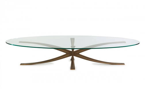 Coffee table, 1965/70: Michel Mangematin. Coffee table, c1965/70. H. 35 x 160 x 71,5 cm. Cast bronze, matt, part polished, clear glass.