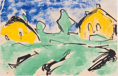 'Two yellow houses', 1911: Karl Schmidt-Rottluff. 'Two yellow Houses' artist's postcard, 1911. Watercolour over ink on stamped postcard, addressed and dedicated to Dr. Elsa Hopf, Hamburg. Post stamp Dangast 3.6.1911. 9.2 x 14.3