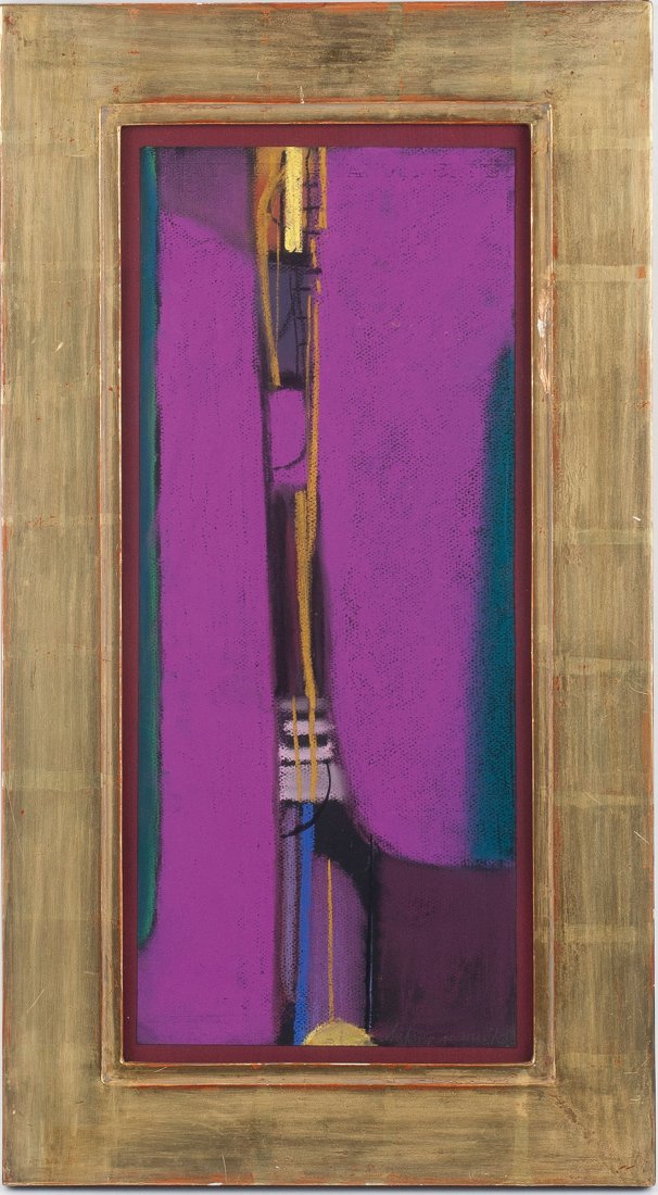 Untitled (Bridging), 1973: Max Ackermann. Untitled (Bridging), 1973. Colour pastels on black laid paper. 50.3 x 21.3 cm (sheet). Signed: Ackermann, (19)73 (pencil). Glass frame.