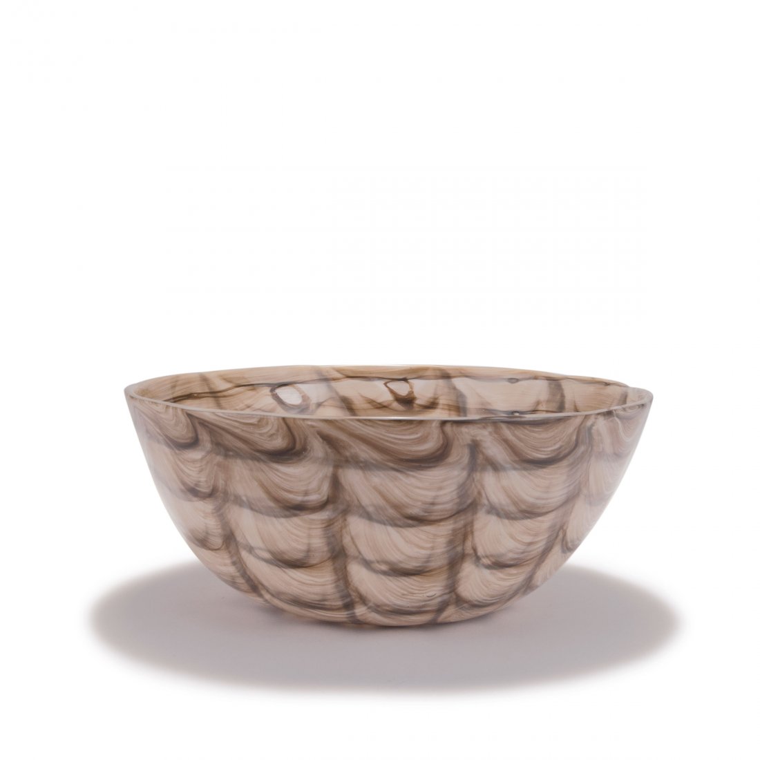 'Neolitico' bowl, 1954: Ercole Barovier. 'Neolitico' bowl, 1954. H. 10 cm; D. 27 cm. Made by Barovier & Toso, Murano. Clear glass, fused spirals, combed white and ochre glass.