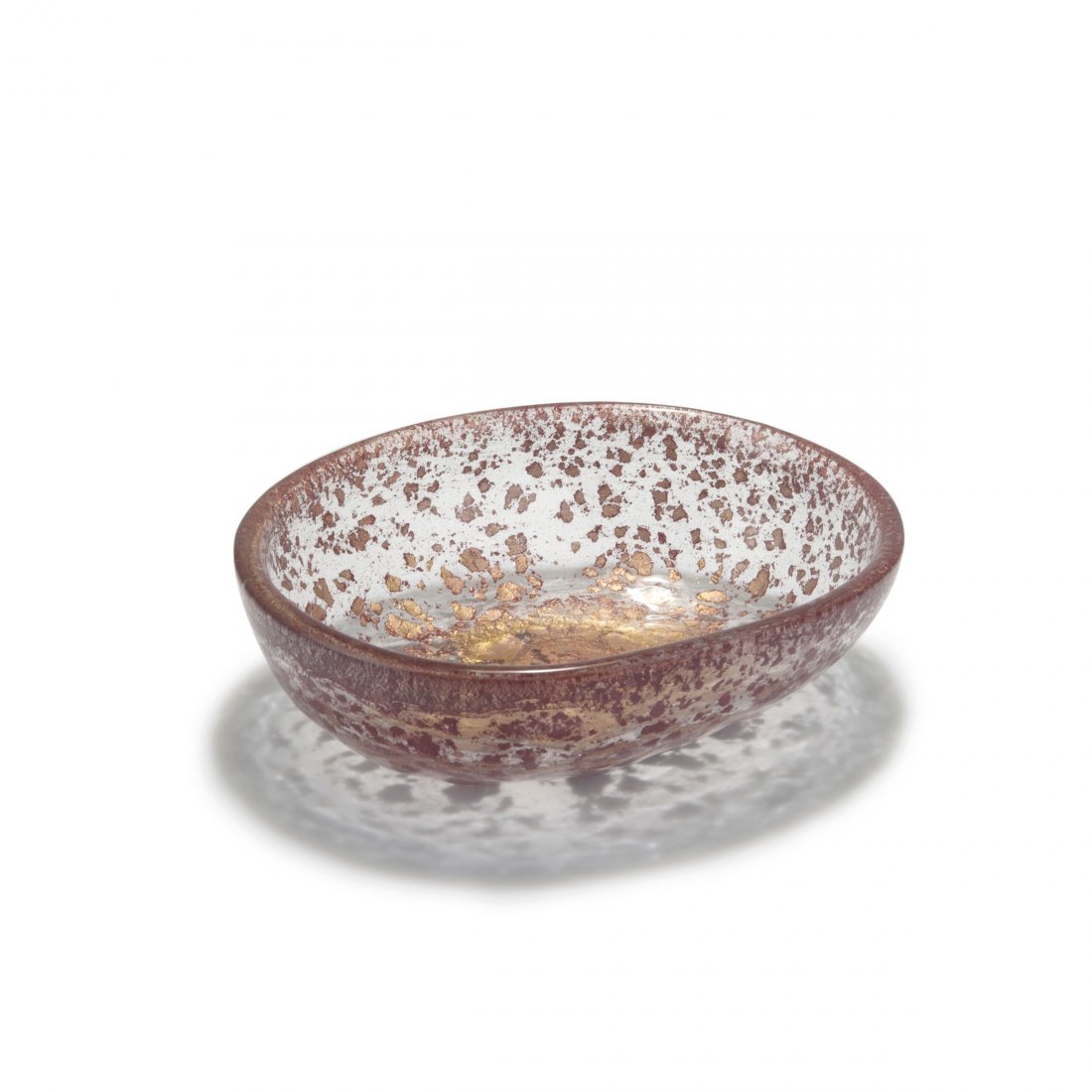 'Porpora' bowl, c1959: Ercole Barovier. 'Porpora' bowl, c1959. H. 6.2 cm; D. 21.7 cm. Made by Barovier & Toso. Cased glass, clear, burst gold foil on purple ground.