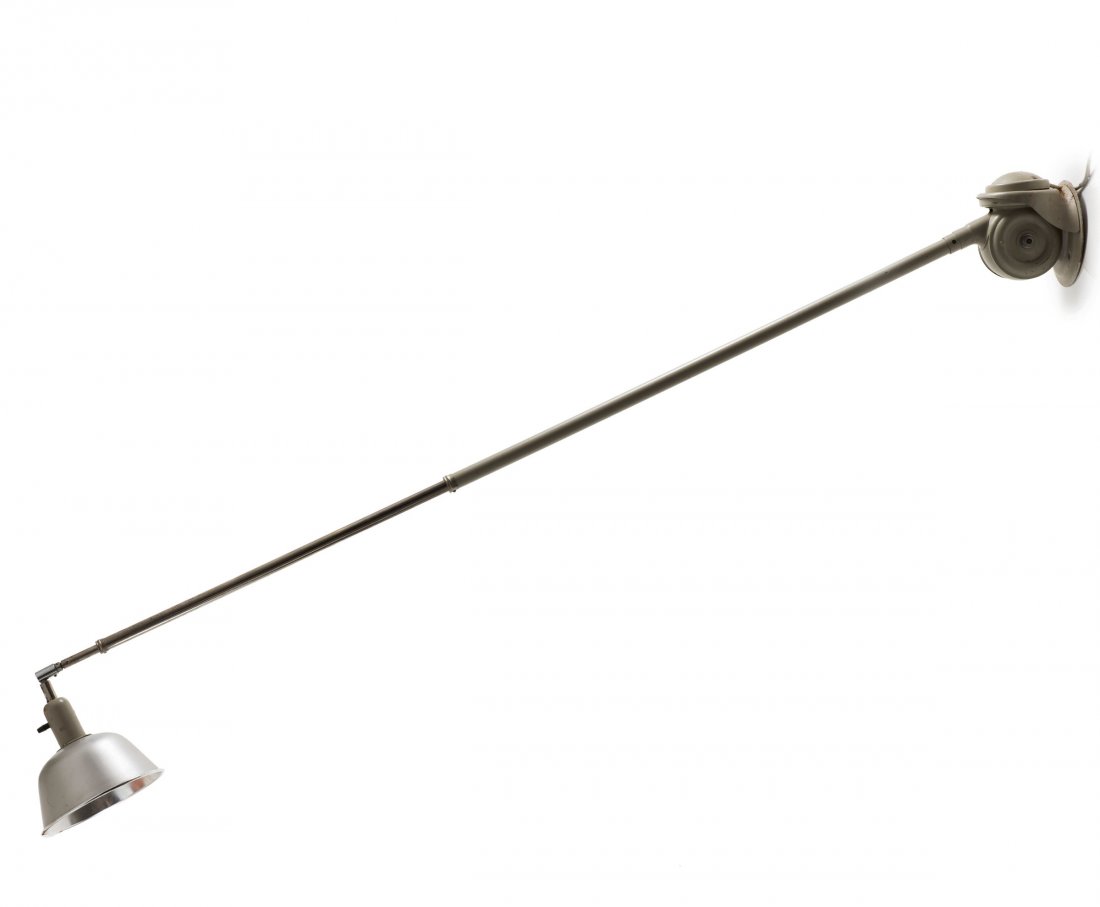 'Triplex' ceiling- /wall light, c1919: Johan Petter Johansson. 'Triplex' wall light, c1919. L. 150-315 cm, D. 22.5 cm. Made by Triplex, Sweden. Sheet steel, tubular steel, painted grey, chrome-plated tubular steel, sheet aluminium. Marked: