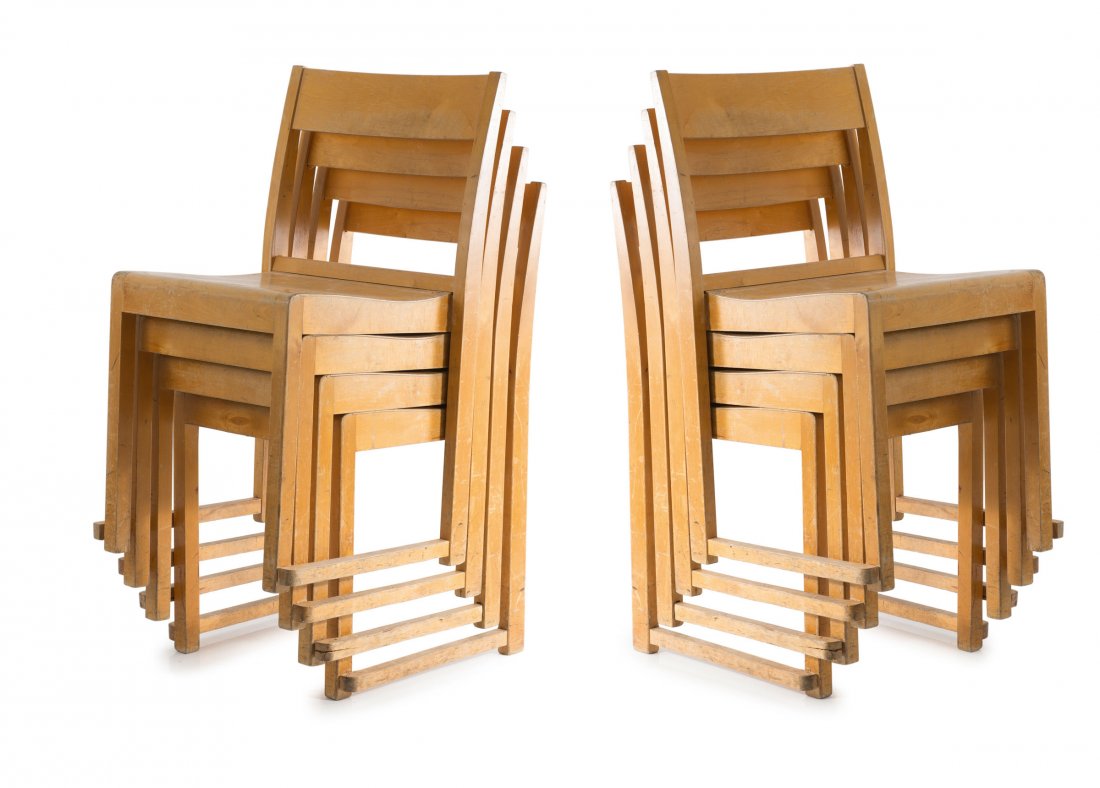Eight stacking chairs, 1932: Sven Markelius. Eight stacking chairs, 1932. H. 80.5 x 45.5 x 42 cm. Made by Svenska Mobelfabrikerna, Bodafors. Birch, birch plywood.