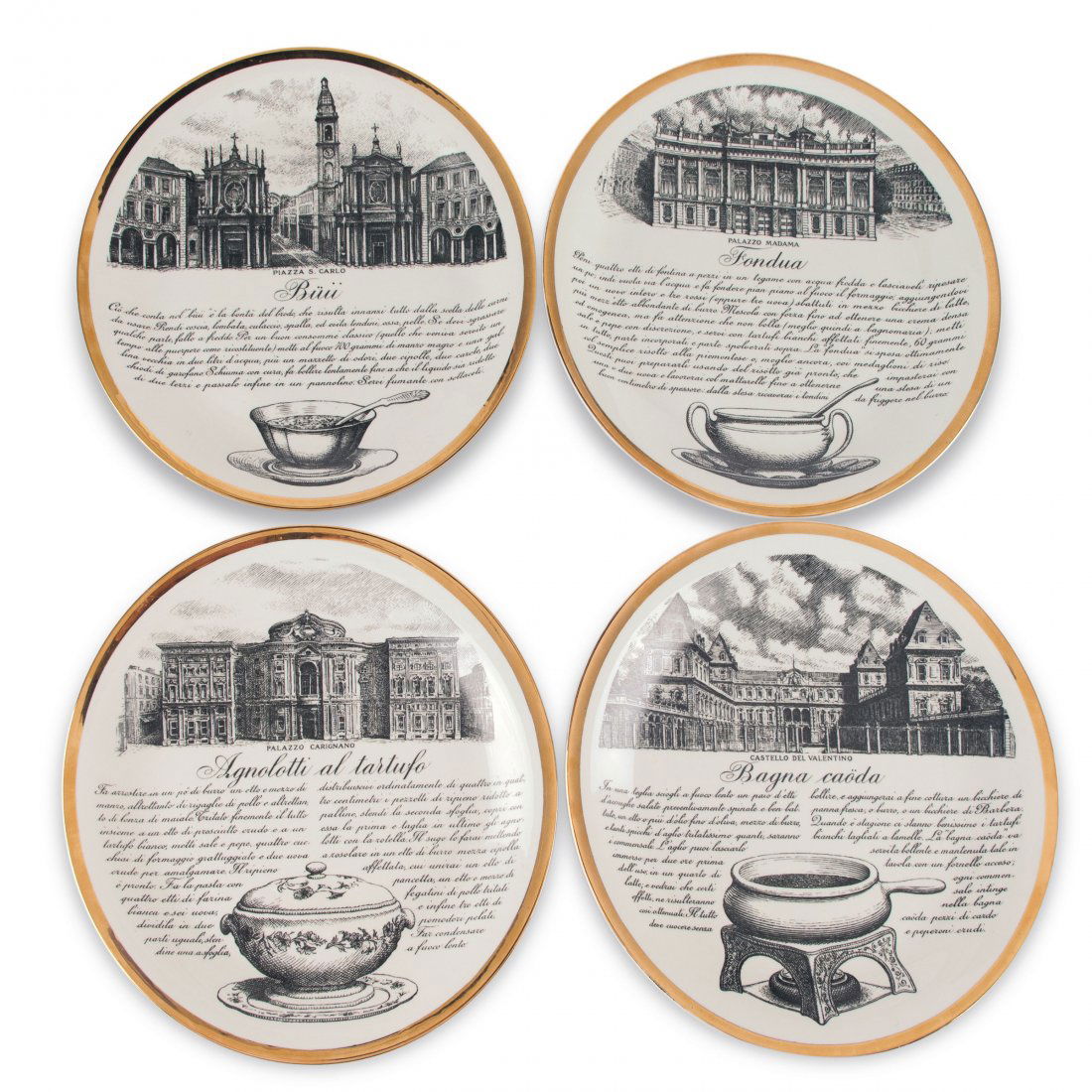Four 'Specialita Torinesi' plates, 1980s: Piero Fornasetti. Four 'Specialita Torinesi' plates, 1980s. D. 24.4 cm. Made by Fornasetti, Milan, in 1982. Porcelain, white, glazed, black lithograph with gold. Marked: SPECIALITA TORINESI FORNASETTI
