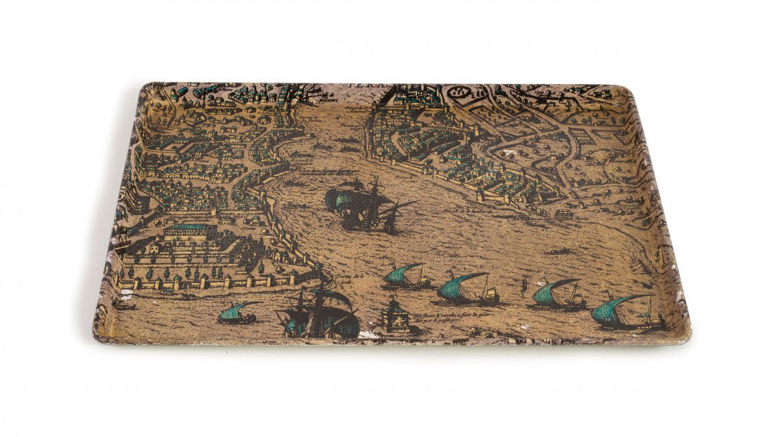 'Constantinopoli' tray, 1950/60s: Piero Fornasetti. 'Constantinopoli' tray, 1950/60s. 65.3 x 45.5 cm. Made by Fornasetti, Milan, in the 1950/60s. Sheet metal, lithographed pattern. Marked: Maker's label.