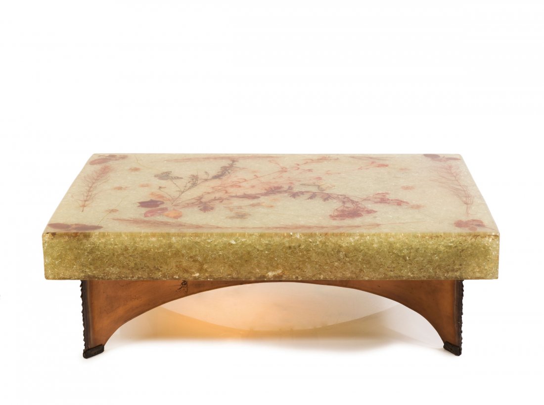 Coffee table, 1960s: Accolay, L'Yonne, France (attributed). Coffee table, 1960s. H. 29 x 89.5 x 60 cm. Sheet copper, synthetic resin with included plants.