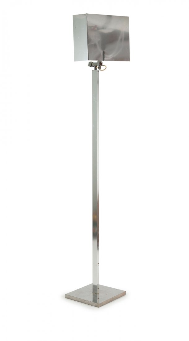 'Guy' floor lamp, 1960s: Esperia, Poggibonsi. 'Guy' floor lamp, 1960s. H. 180 cm. Tubular metal, sheet metal, chrome-plated, part white.