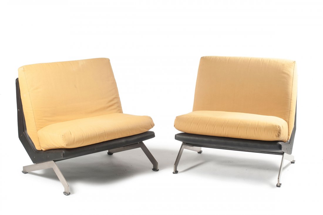 Two 'Alexandra' easy chairs, c1969: Gianni Moscatelli. Two 'Alexandra' easy chairs, 1969. H. 84 x 83 x 79 cm. Made by Formanova, Italy. Steel, black leatherette, yellow fabric.