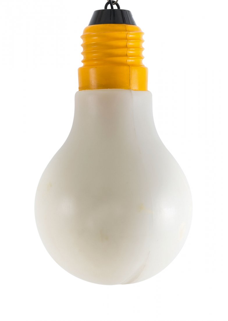 'Bulb Bulb' pendant- /floor light, 1966: Ingo Maurer.'Bulb Bulb' pendant- /floor light, 1966. H. 60 cm, D. 30 cm. Made by Design M Ingo Maurer, Munich. Plastic, yellow and white. Marked: BULB BULB MADE IN U.S.A.