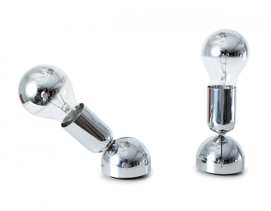 Two 'Pollux' table lights, 1967: Ingo Maurer. Two 'Pollux' table lights, 1967. H. 21 cm (max.). Made by Design M Ingo Maurer, Munich. Chrome-plated sheet metal, tubular metal, black plastic.
