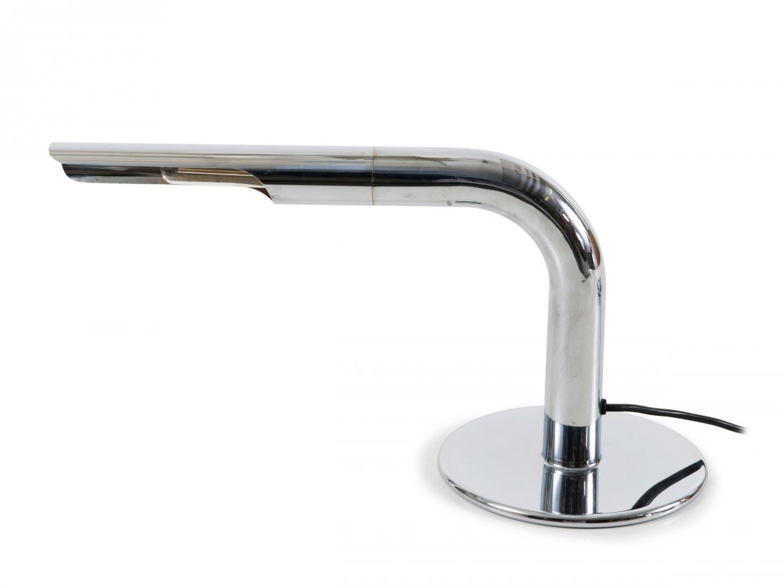 Two 'Gulp' table light, 1969: Ingo Maurer. 'Gulp' table lights, 1969. H. 23 x 45 x 18.5 cm. Made by Design M Ingo Maurer, Munich. Tubular metal, sheet metal, chrome-plated.