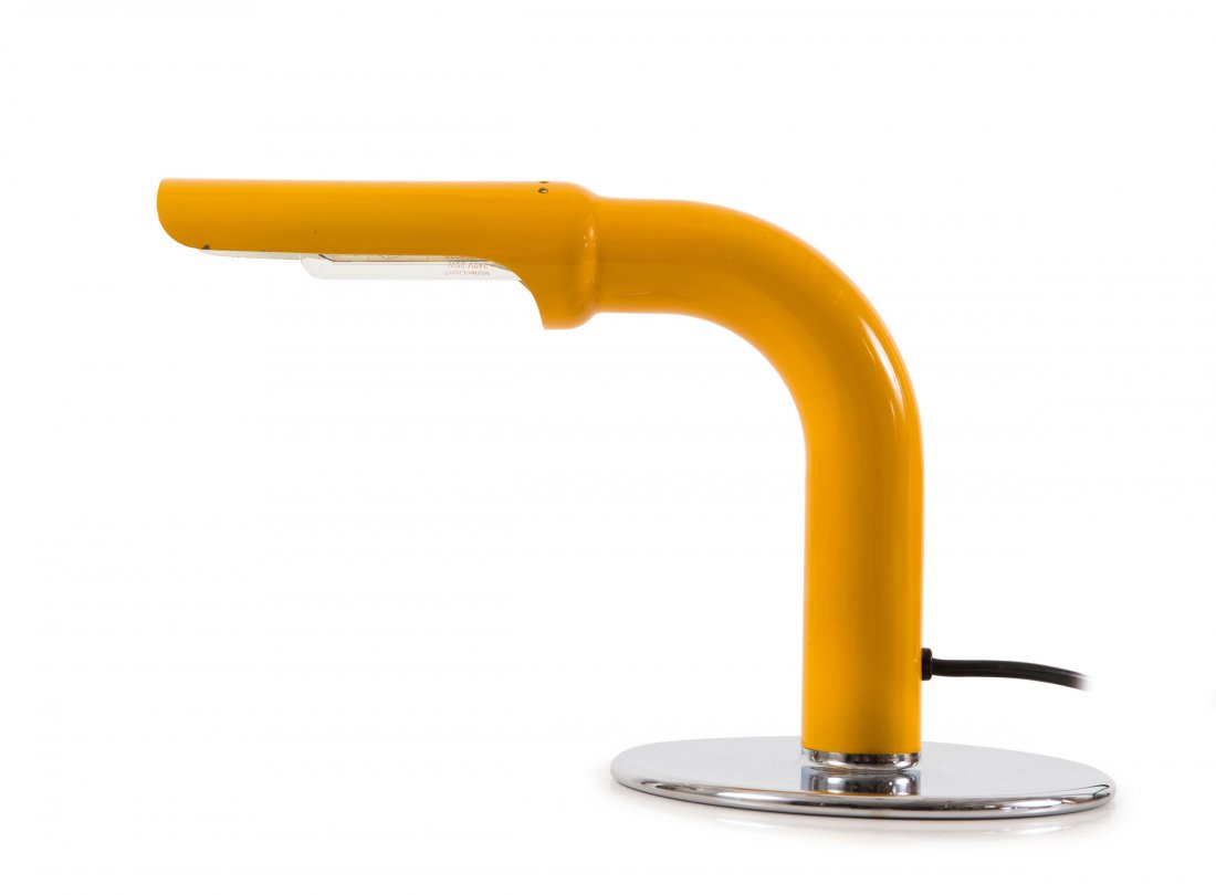 'Gully' table light, 1969: Ingo Maurer. 'Gully' table light, 1969. H. 20 x 32 x 17 cm. Made by Design M Ingo Maurer, Munich. Tubular metal, sheet metal, painted yellow, base chrome-plated.