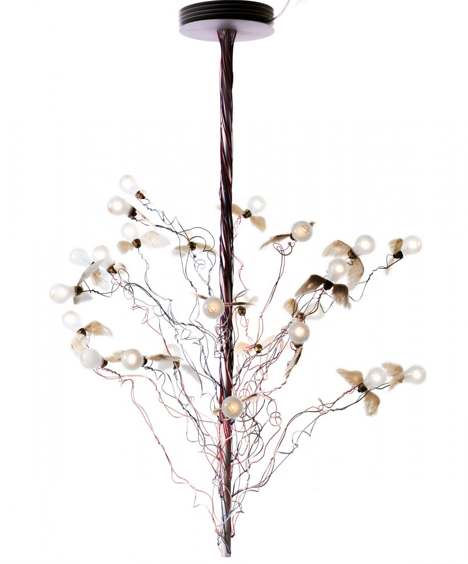 'Birds Birds Birds' ceiling light, 1992: Ingo Maurer. 'Birds Birds Birds' ceiling light, 1992. H. 170 cm, D. 120 cm. Made by Design M Ingo Maurer, Munich. Tubular aluminium, sheet aluminium, goose feathers, cable.